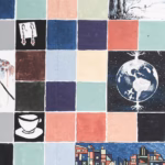 A colorful mosaic including earthy art themes like a globe, earrings, paintings and nature.