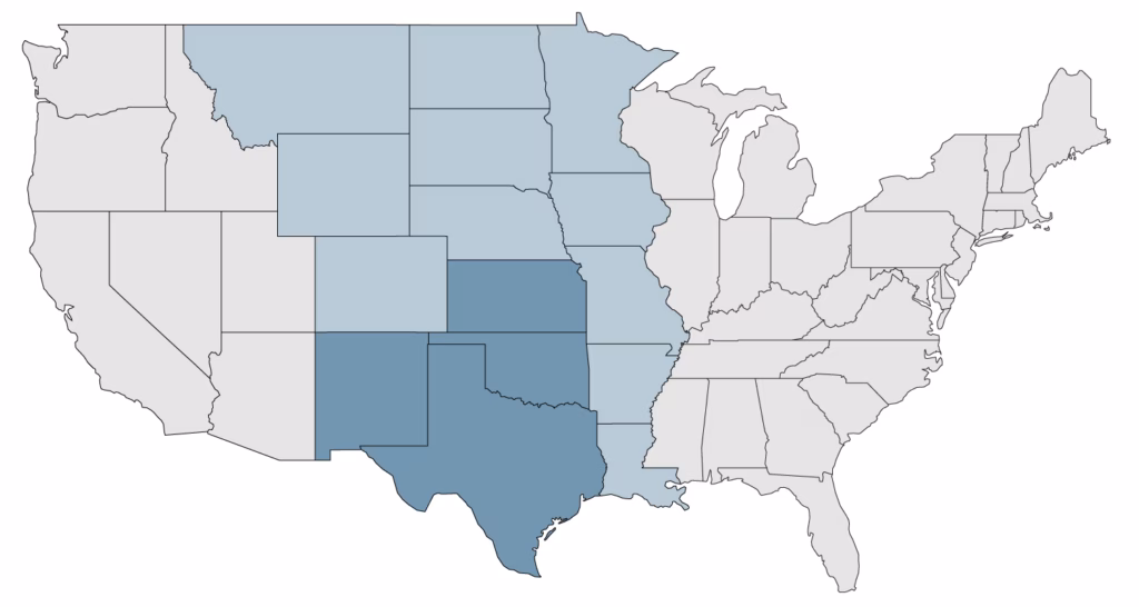 Map of the United States showing coverage of the Midwest Regional Conference. It includes Kansas, New Mexico, Oklahoma, and Texas.