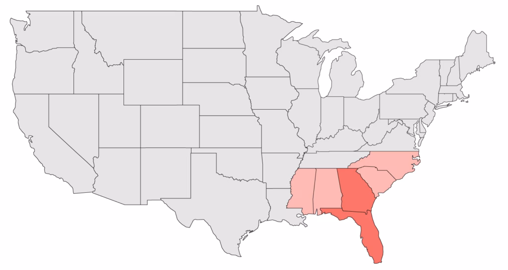 Map of the United States showing coverage of the Southeast Regional Conference. It includes Florida and Georgia.