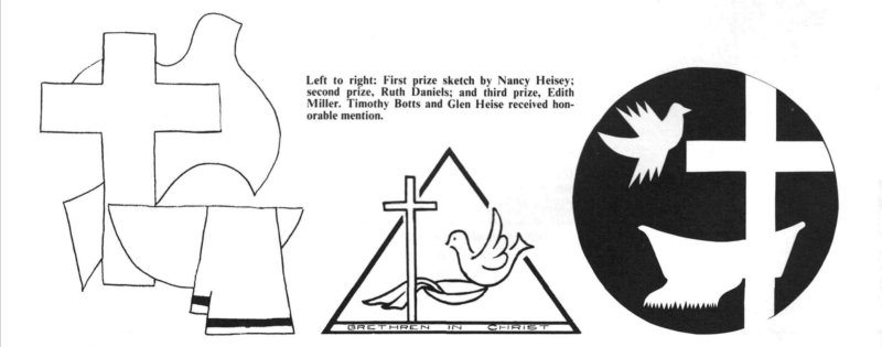Three variations of the BIC logo, all incorporating a cross, a dove, and a basin and towel. Text reads: "Left to right: First prize sketch by Nancy Heisey; second prize, Ruth Daniels; and third prize, Edith Miller. Timothy Botts and Glen Heise received honorable mention."